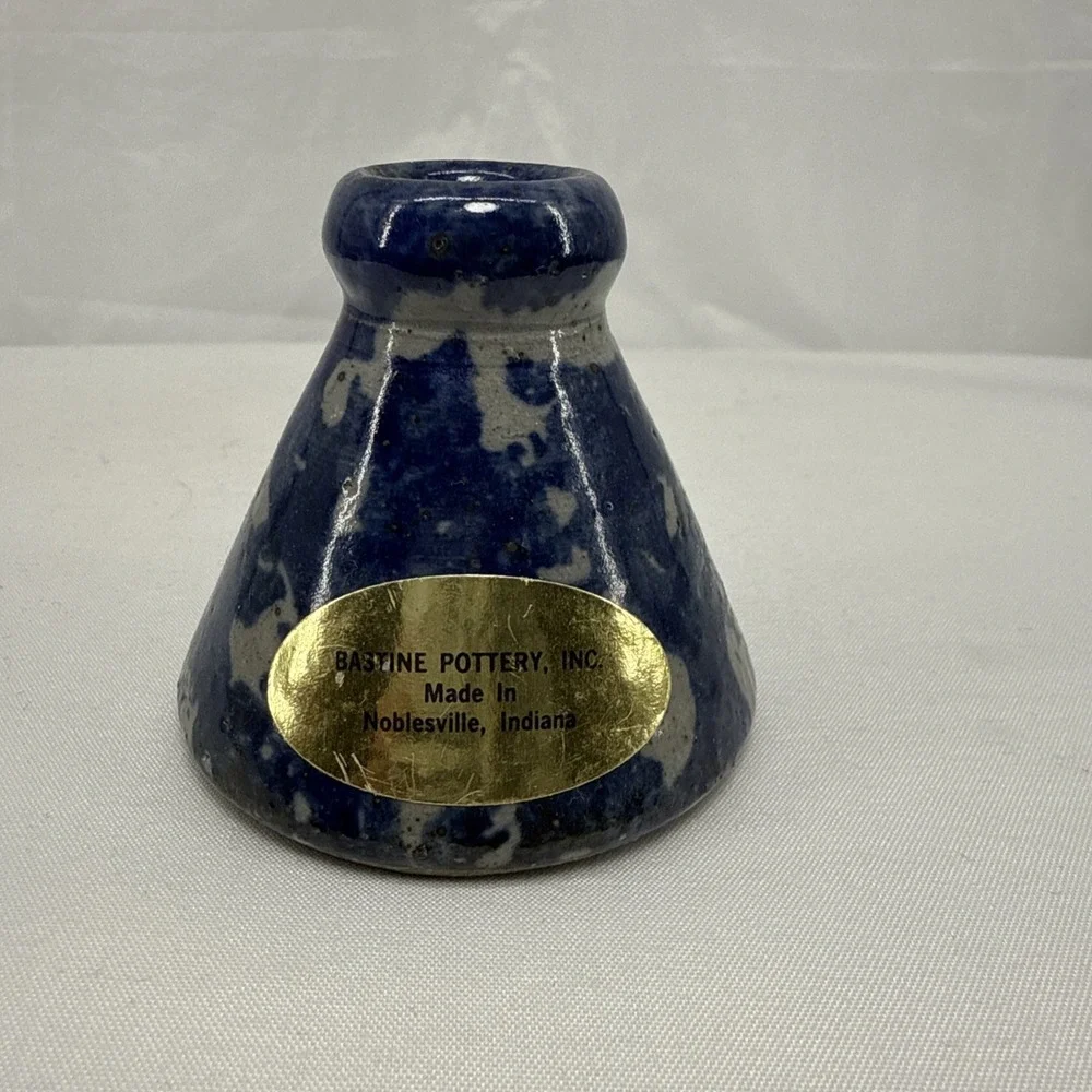 1992 Bastine Indiana Blue Sponge-Ware Studio Art Pottery Incense Holder Bud Vase